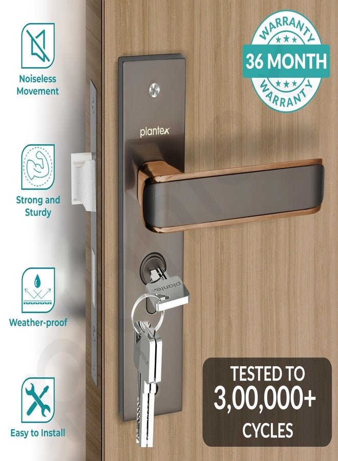 Plantex Heavy-Duty Door Lock Set - Main Door Lock Handle Set/ 6-Lever Lock Mechanism with 3 Years of Warranty/Mortise Lock with 3 Keys, Brass Lockbody & Cylinder (8112 - Satin Black & PVD Choco) - Image 2